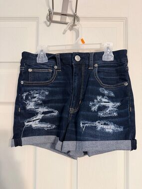 American Eagle Outfitters Dark Blue Distressed Cuffed Jean Shorts